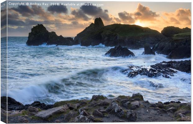 The Setting Sun at Kynance Cove Canvas Print by Andrew Ray