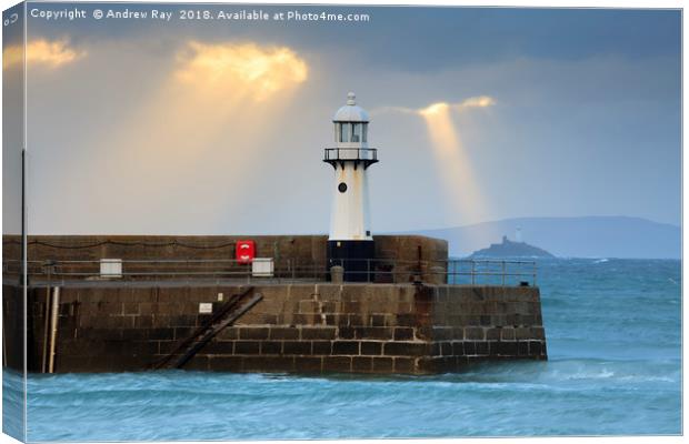 Light Shafts over Smeaton's Lighthouse (St Ives) Canvas Print by Andrew Ray