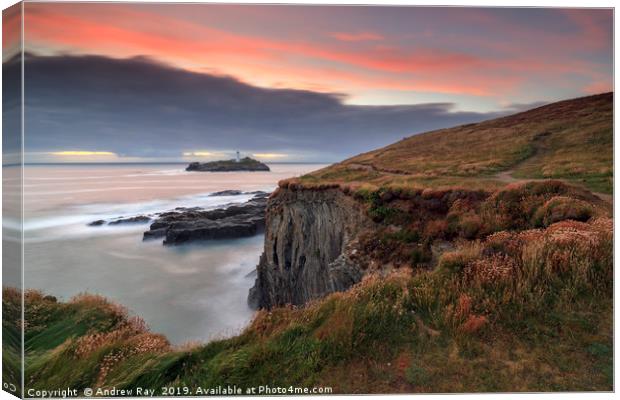 Clifftop at sunset (Godrevy) Canvas Print by Andrew Ray