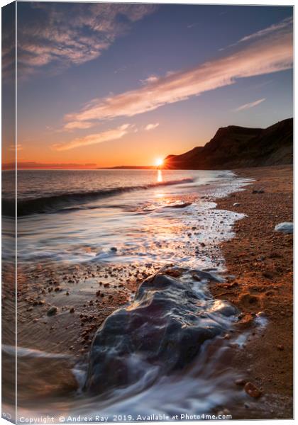 The setting sun from Eype Mouth Beach Canvas Print by Andrew Ray