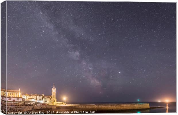 Milky way over Porthleven Pier Canvas Print by Andrew Ray
