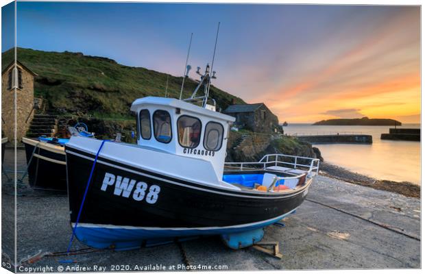 Boats at sunset (Mullion Cove) Canvas Print by Andrew Ray