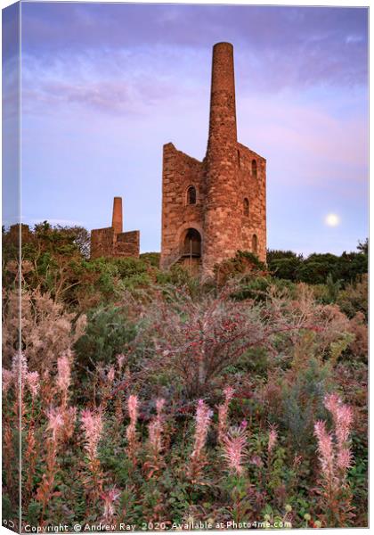 Moon and engine houses (Wheal Peevor) Canvas Print by Andrew Ray
