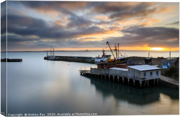 Sunrise over the dry dock at Newlyn Canvas Print by Andrew Ray