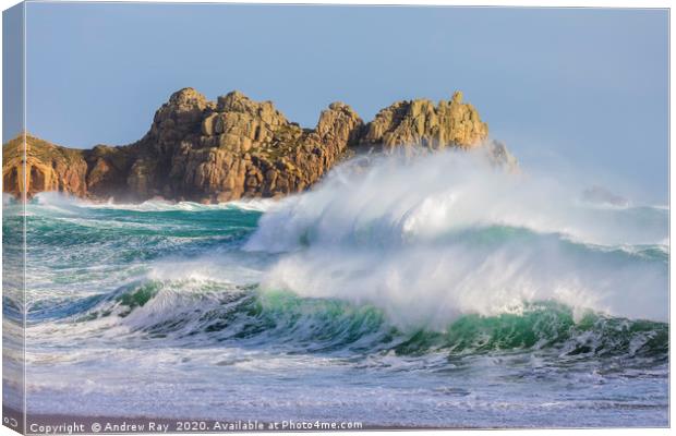 Stormy sea at Porthcurno Canvas Print by Andrew Ray