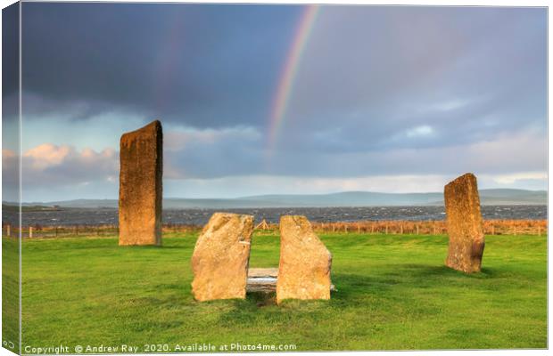 Rainbow at Stones of Stenness  Canvas Print by Andrew Ray
