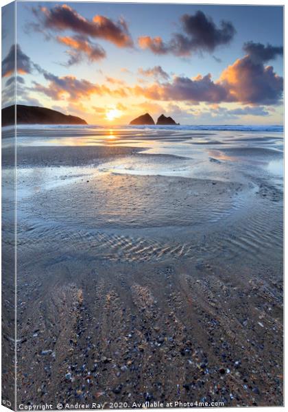Setting Sun at Low Tide (Holywell Bay) Canvas Print by Andrew Ray