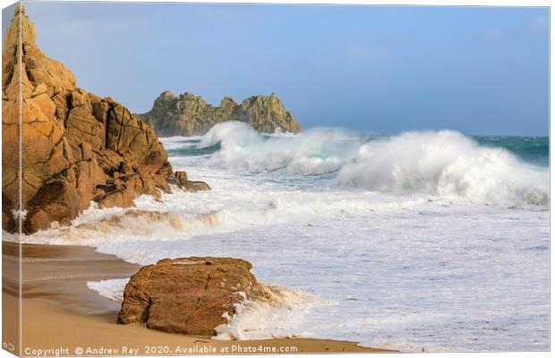 Incoming waves (Porthcurno) Canvas Print by Andrew Ray