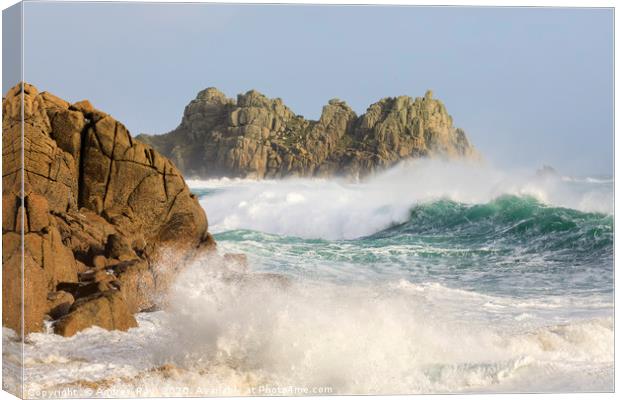 Rough seas at Porthcurno Canvas Print by Andrew Ray