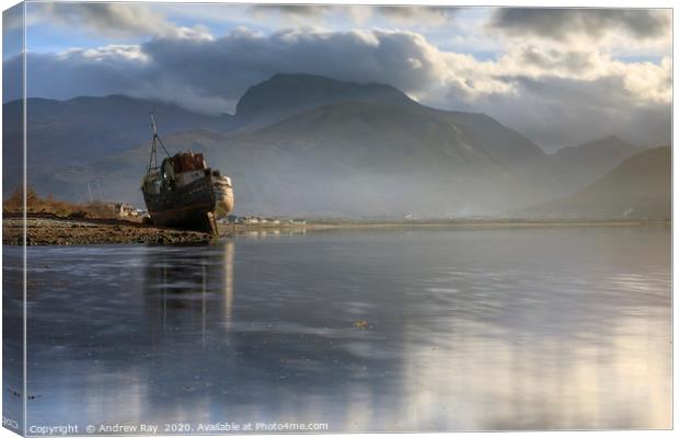 Abandoned boat and Ben Nevis (Loch Linnhe) Canvas Print by Andrew Ray