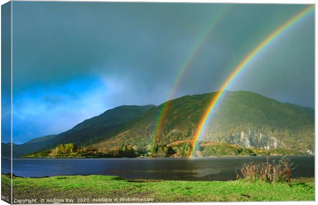 Rainbows at Taynuilt Pier Canvas Print by Andrew Ray
