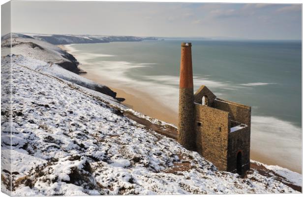 Snow on Perranporth Beach Canvas Print by Andrew Ray