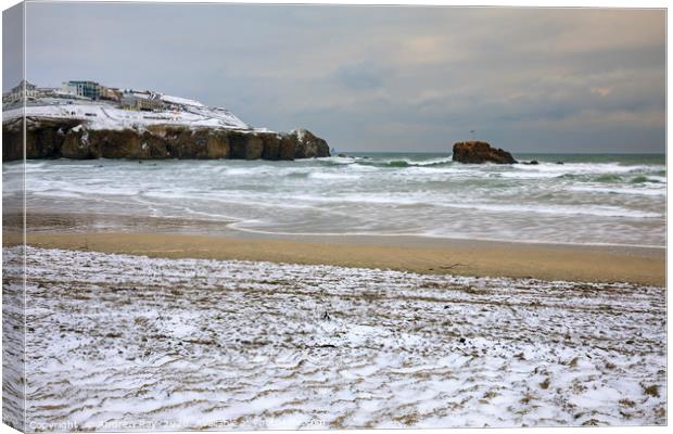 Snow on Perranporth Beach Canvas Print by Andrew Ray