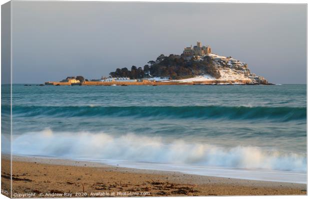 Snow on St Michael's Mount Canvas Print by Andrew Ray