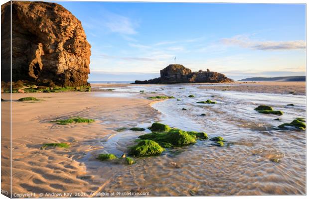 Chapel Rock, arch and stream (Perranporth) Canvas Print by Andrew Ray