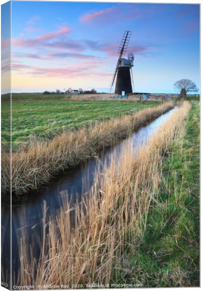 Sunset at Mutton's Drainage Mill Canvas Print by Andrew Ray