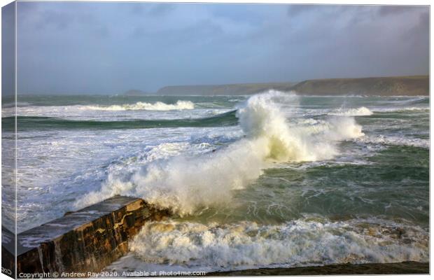 Breaking wave over Sennen Pier Canvas Print by Andrew Ray