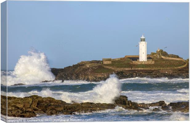 Rough sea at Godrevy Lighthouse  Canvas Print by Andrew Ray