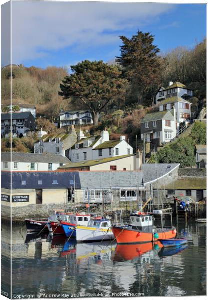 Boats moored at Polperro Canvas Print by Andrew Ray