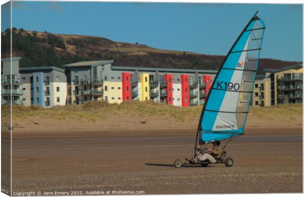 Sand Yachting Swansea bay and marina Canvas Print by Jane Emery