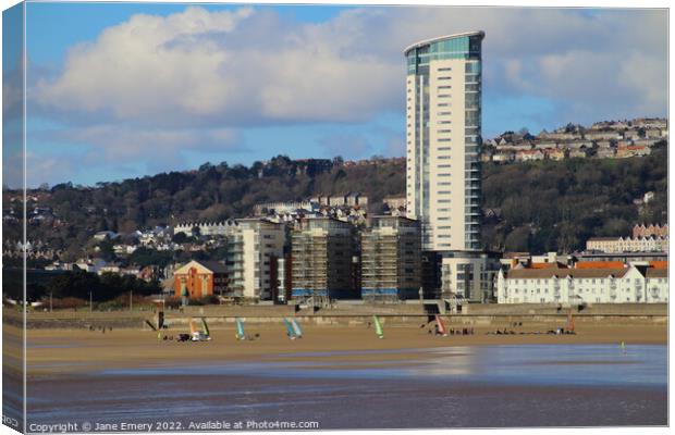 Land yachting Racing in front of the Meridian Tower Swansea Bay Canvas Print by Jane Emery