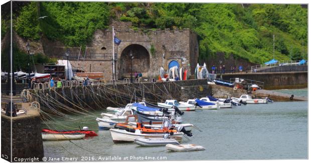 Moored up to the Harbour Wall, Tenby Canvas Print by Jane Emery