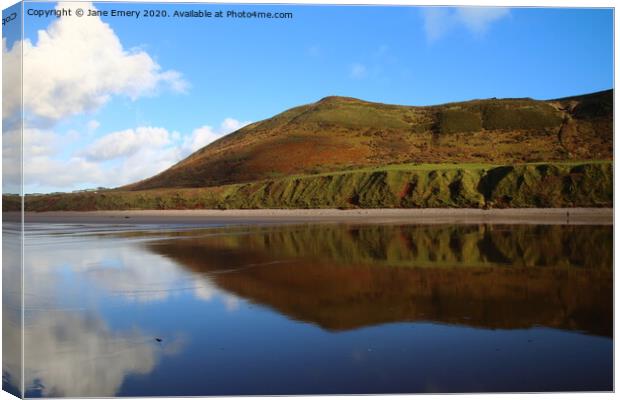 Reflections of Rhossili Downs, Swansea Canvas Print by Jane Emery