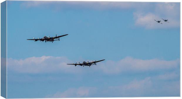  Two Lancaster Bombers, Spitfire and Hurricane Canvas Print by Graham Pickavance