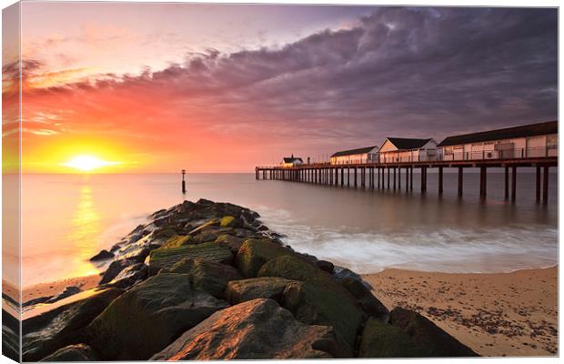 Serene Sunrise at Southwold Pier Canvas Print by Rick Bowden