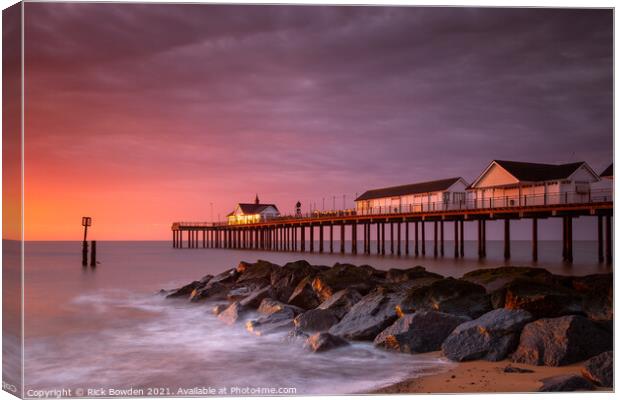 Radiant Sunrise over Southwold Pier Canvas Print by Rick Bowden