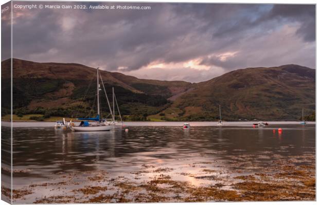 Loch Leven Boats at sunset Canvas Print by Marcia Reay