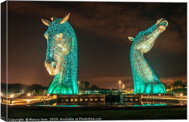 The Falkirk kelpies at night Canvas Print by Marcia Reay