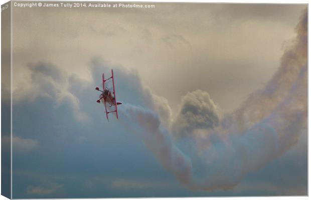 A smoking biplane corksrews in heavy cloud  Canvas Print by James Tully