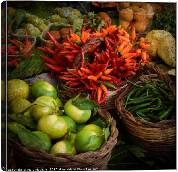Red, Orange and Green Peppers at the Market Canvas Print by Mary Machare