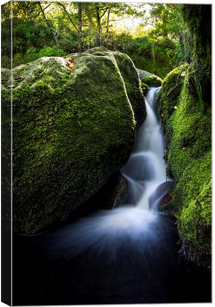  Small fall between mossy green rocks Canvas Print by Andrew Kearton