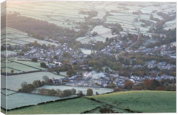 The village of Hayfield on a frosty morning Canvas Print by Andrew Kearton
