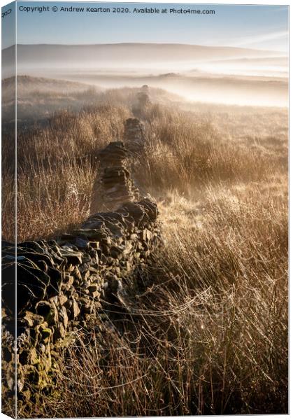 Mist and spider webs on the moors of the Peak Dist Canvas Print by Andrew Kearton