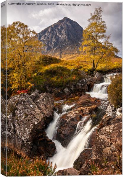 Buachaille Etive Mor Waterfall in autumn Canvas Print by Andrew Kearton