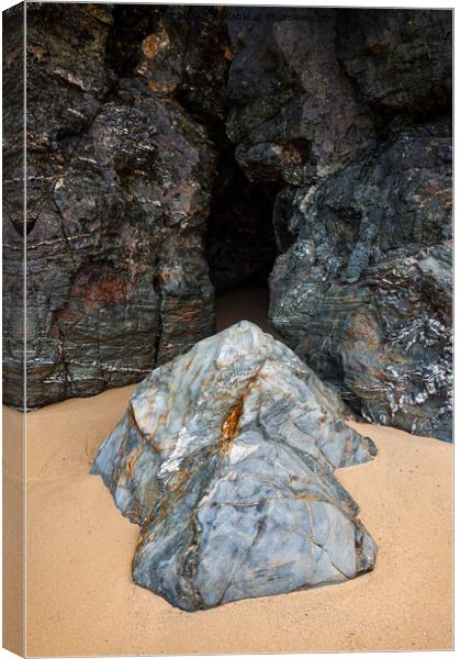 Cave in the cliffs at Perranporth, Cornwall Canvas Print by Andrew Kearton