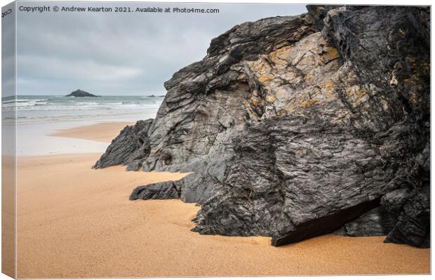 Rocks on Crantock beach, Cornwall Canvas Print by Andrew Kearton