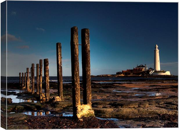 Posts & Lighthouse, St Marys Canvas Print by Alexander Perry