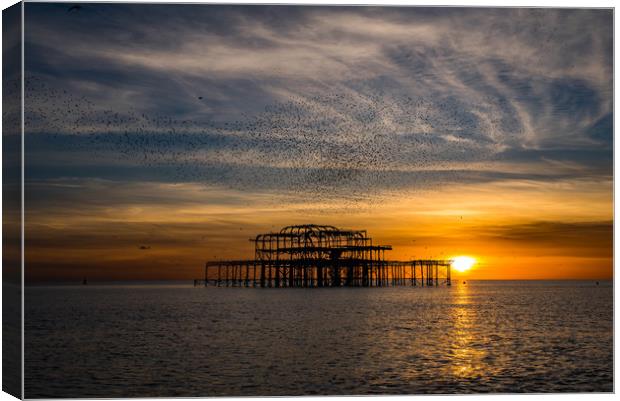 West pier at sunset with murmurations Canvas Print by kevin long