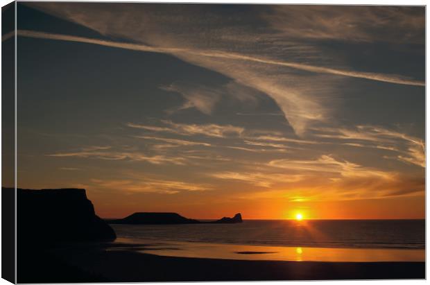 Sunset over worms Head, Gower Peninsula, Rhossili, Canvas Print by Graham Light