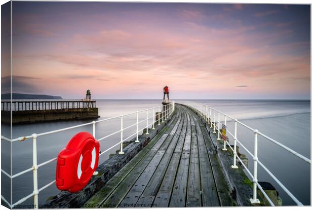 Sunrise Over Whitby's East Pier Canvas Print by Richard Burdon