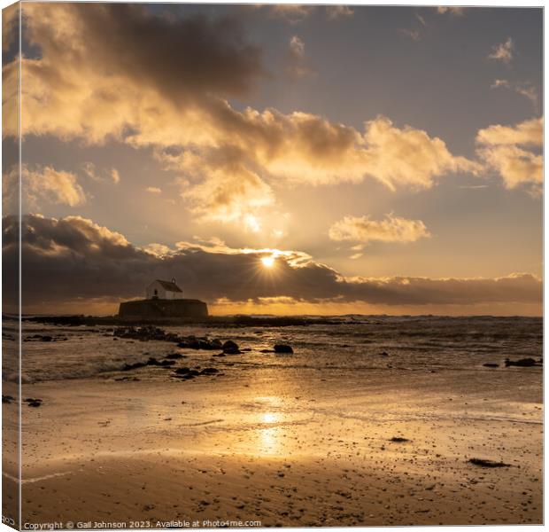 Sunset overlooking the church on an island -Isle of Anglesey Wal Canvas Print by Gail Johnson