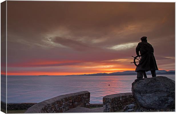 Dic Evans Statue at Moelfre at Sunrise on the Isle Canvas Print by Gail Johnson