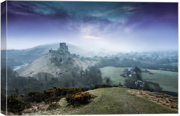 Corfe castle in the mist and fog at sunrise Dorset Canvas Print by Gail Johnson