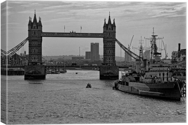 Tower Bridge and HMS Belfast Mono Canvas Print by Glen Allen