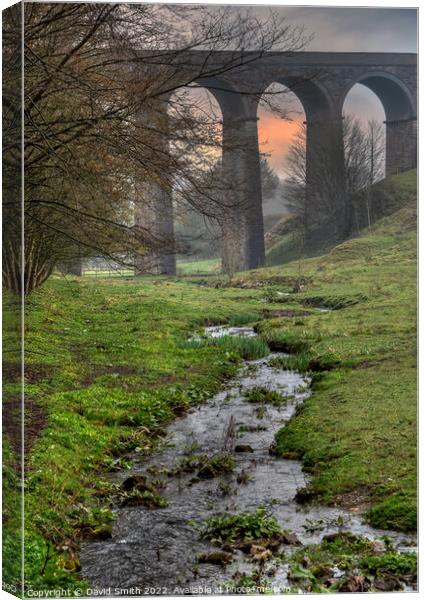 A viaduct over a body of water after heavy rain. Canvas Print by David Smith