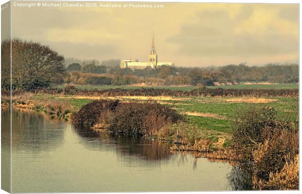  Chichester Cathedral, from the Hunston bridge Canvas Print by Michael Chandler